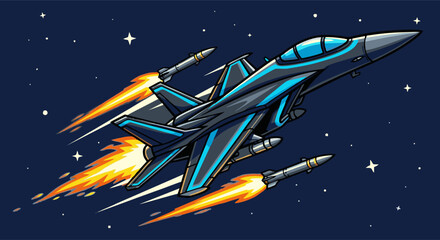 Cartoon Fighter Jet with Missiles Firing in Space with Stars