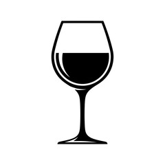 A black and white graphic illustration of a wine glass filled with a dark liquid on a white background