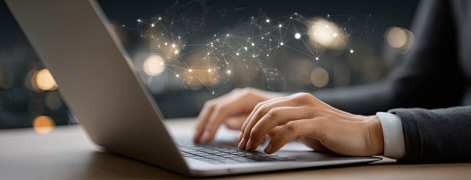 Fingers are engaged in typing on a laptop, creating a connection to the online world against a distant city backdrop
