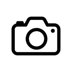 A simple black and white camera icon with a lens and flash on a white background in a minimalist style