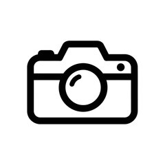 A simple black and white line drawing of a camera with a lens and a shutter button on top right