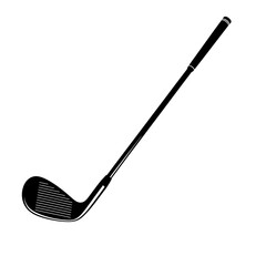 A black and white graphic illustration of a golf club with a grip and a club head on a white background