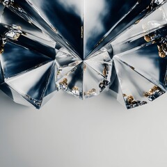 Abstract geometric shape with reflective surfaces and golden accents