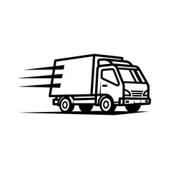 A black and white illustration of a delivery truck with motion lines indicating speed and movement