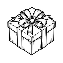 Illustration of a square gift box with a decorative bow on top in black and white outline style