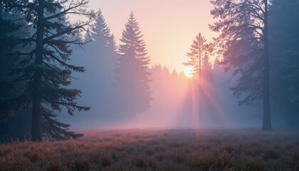 Fototapeta premium Sunrise action in misty forest nature landscape photography calm environment serene viewpoint