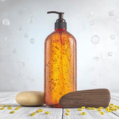 Amber Bottle with Pump and Bath Accessories on Wooden Surface