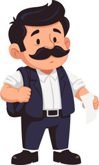 Cartoon Man with Mustache Holding Receipt, Backpack, Formal Attire