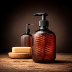 Elegant Amber Glass Bottles with Pump and Soap on Wooden Surface
