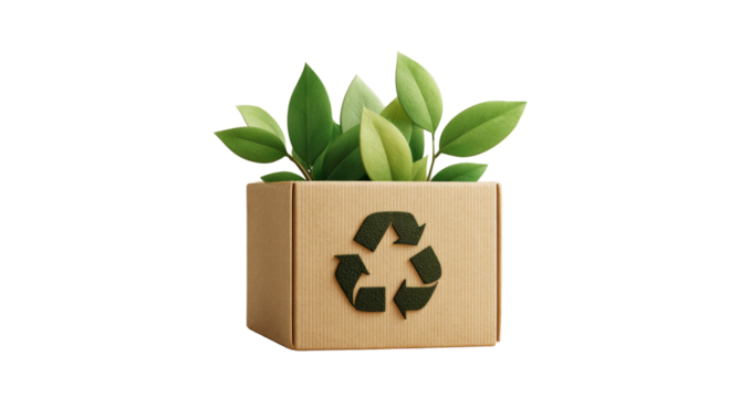 A box with a plant inside and a recycle sign on it