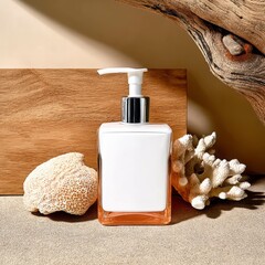 Elegant Cosmetic Bottle on Natural Surface with Coral and Wood