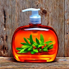 Transparent bottle with green leaves on wooden background