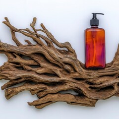 Decorative Wooden Display with Amber Pump Bottle and Natural Texture