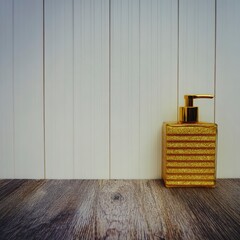 Elegant Gold Soap Dispenser on Wooden Surface with White Background