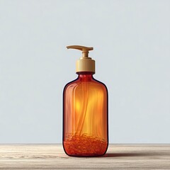 Transparent bottle with orange liquid on a wooden surface