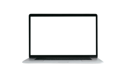 A laptop with a black screen and a white background