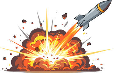 Cartoon Rocket Launching with Explosive Blast and Debris in Mid-Air