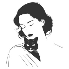 Minimalist Woman with Cat Illustration – Elegant Black and White Portrait