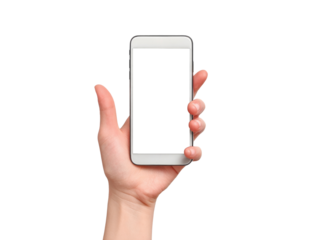 A hand holding a white cell phone