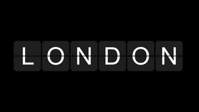 Digitally generated illustration of flip board of text London against black background.