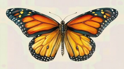 Fototapeta premium A vibrant monarch butterfly is rendered with anatomical precision, displaying its iconic black, white, and orange patterning in a scientific style ideal for nature studies. 