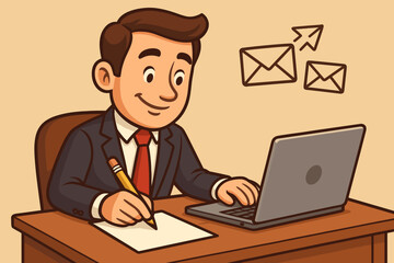 Professional businessman at office desk with laptop writing a promotional message. Manager crafting effective communication for email marketing campaign. Corporate work concept vector.