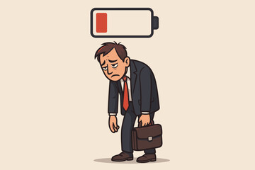 Exhausted businessman with low battery icon above head, cartoon vector illustration of corporate burnout and professional fatigue, energy depletion and work exhaustion symbol needing recharge