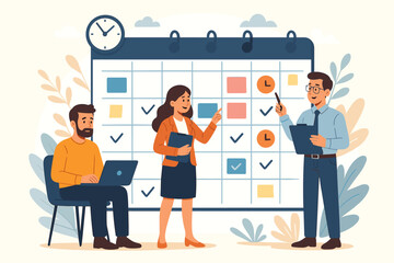 Office team collaborating, scheduling meetings and managing deadlines, planning tasks on large wall calendar, teamwork, business project organization, productivity, vector cartoon illustration