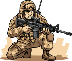 Focused Military Soldier in Camouflage Uniform with Rifle