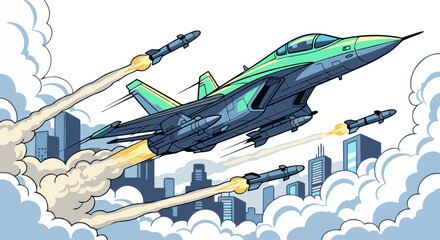 Futuristic Jet Launching Missiles Over a Cityscape