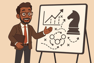 Businessman Giving Strategic Presentation with Whiteboard, Chess Knight, Growth Chart, Planning Arrows, Leadership Concept, Corporate Training, Success Planning, Cartoon Vector Illustration