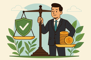 Ethical Business Leadership Balancing Principles and Profits, Scales with Shield and Money, Sustainable Success, Corporate Responsibility, Integrity, Decision-Making Vector Illustration