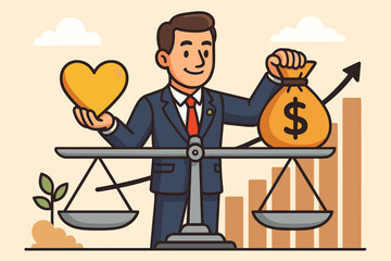 Business Ethics and Profit Balance Concept. Cartoon Vector Illustration of Businessman Weighing Heart and Money Bag on Scales. Corporate Responsibility, Sustainable Success, Integrity, Leadership
