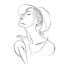 Elegant Woman Line Art in Hat – Minimalist Female Portrait Drawing