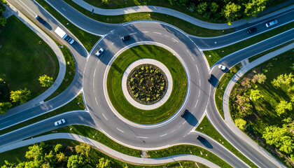 Aerial view of a roundabout with vehicles surrounded by green grass and trees.