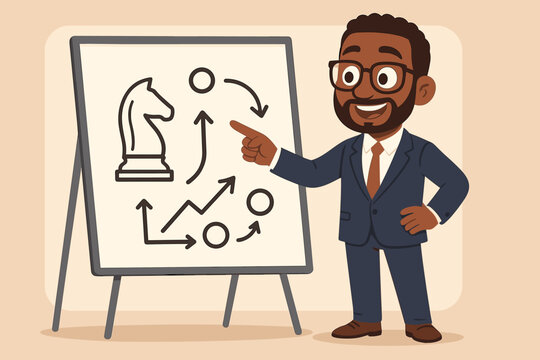 Cartoon businessman presenting business strategy on whiteboard with chess knight, arrows, diagrams, leadership planning, decision making, corporate training, vector illustration concept