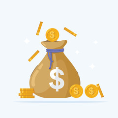 illustration of money bag with scattered coins, symbol of economy and exchange in flat style