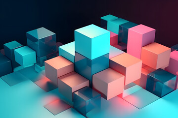 Obraz premium Abstract 3 D Render of Interlocking Teal Pink and Dark Blue Cubes Geometric Shapes Background 3D render