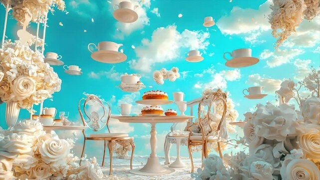 Surreal tea party scene with floating cups, cake, and white floral arrangements in a dreamy sky