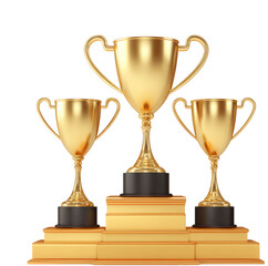 Three Golden Trophies Displayed on a Pedestal Representing Achievement and Success in Awards Ceremony