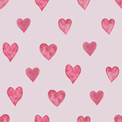 Seamless background on soft pink with simple sloppy pink watercolor hearts