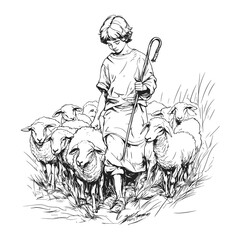 Vintage Shepherd with Sheep Flock Walking in Countryside – Hand Drawn Illustration