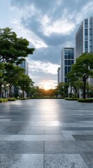 Vibrant city skyline showcasing contemporary buildings with a serene square in daylight, creating a peaceful urban atmosphere