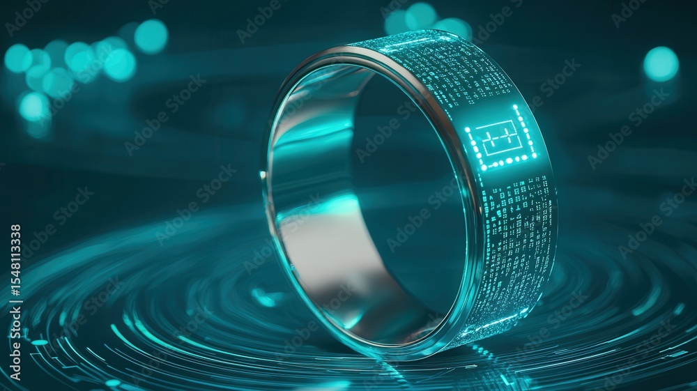 Wall mural sleek smart ring projecting luminous data streams over intricate circuit board, highlighting cutting