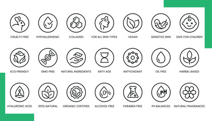 Elegant line icons combining natural elements and beauty items like leaves, flowers, and cosmetics for eco-friendly branding and wellness design.