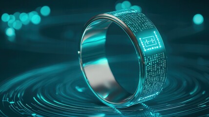 Sleek smart ring projecting luminous data streams over intricate circuit board, highlighting cutting edge technological connectivity