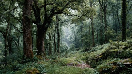 Fototapeta premium A peaceful pathway winds through a dense forest filled with tall trees and rich green foliage under a soft layer of mist, evoking a sense of calm and tranquility.