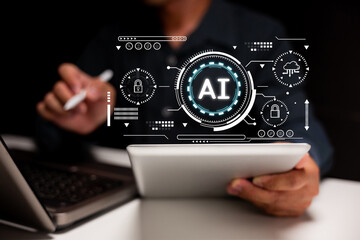 Person using a tablet and stylus with digital AI interface graphics overlayed, symbolizing...