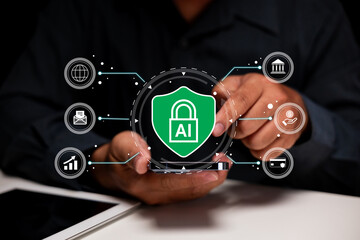 A person interacts with a smartphone displaying a digital shield icon labeled 