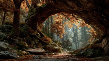 A beautiful forest path winds through trees adorned with vibrant autumn leaves. Sunlight filters through the branches, creating a peaceful atmosphere in nature.